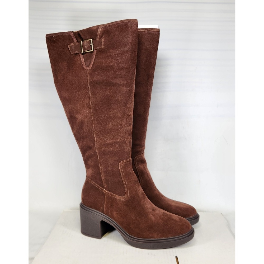 Vionic Sonora Tall Boots Women Size 8 Coffee Suede Wide Calf Block Heel